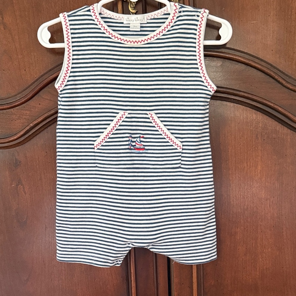 KISSY KISSY Nautical Striped Romper 9M Navy White Sailboat Baby Classic